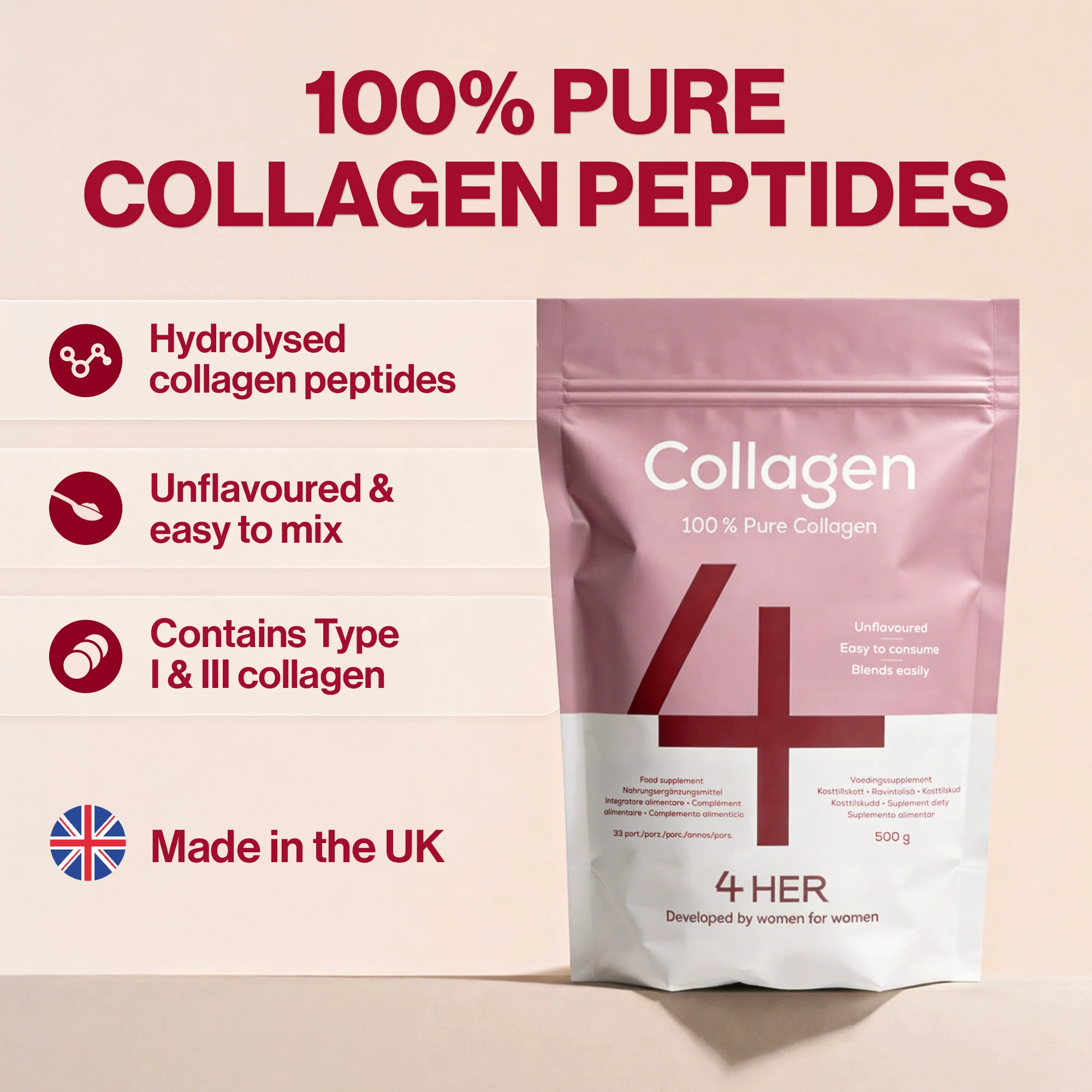 4 HER Collagen Pure 100% Pure Hydrolysed Bovine Collagen Peptides Powder 500g - Image 2