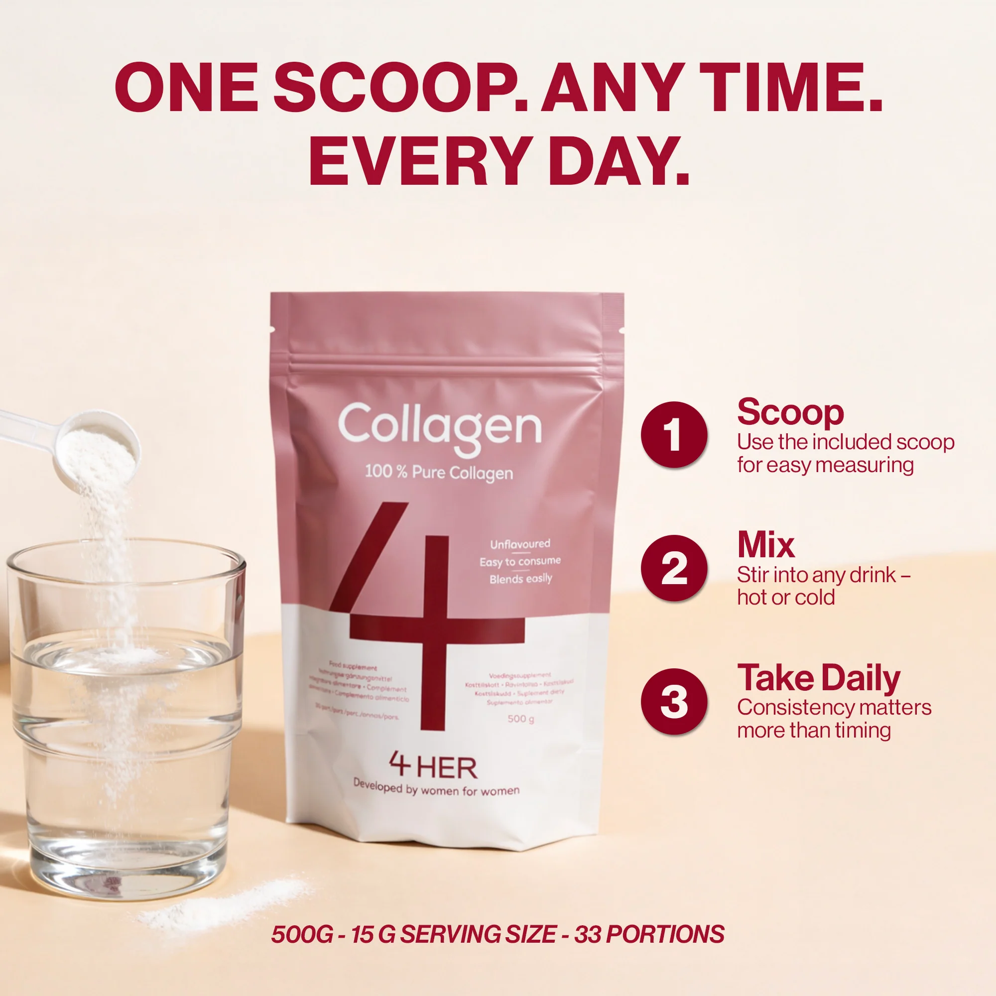 4 HER Collagen Pure 100% Pure Hydrolysed Bovine Collagen Peptides Powder 500g - Image 6