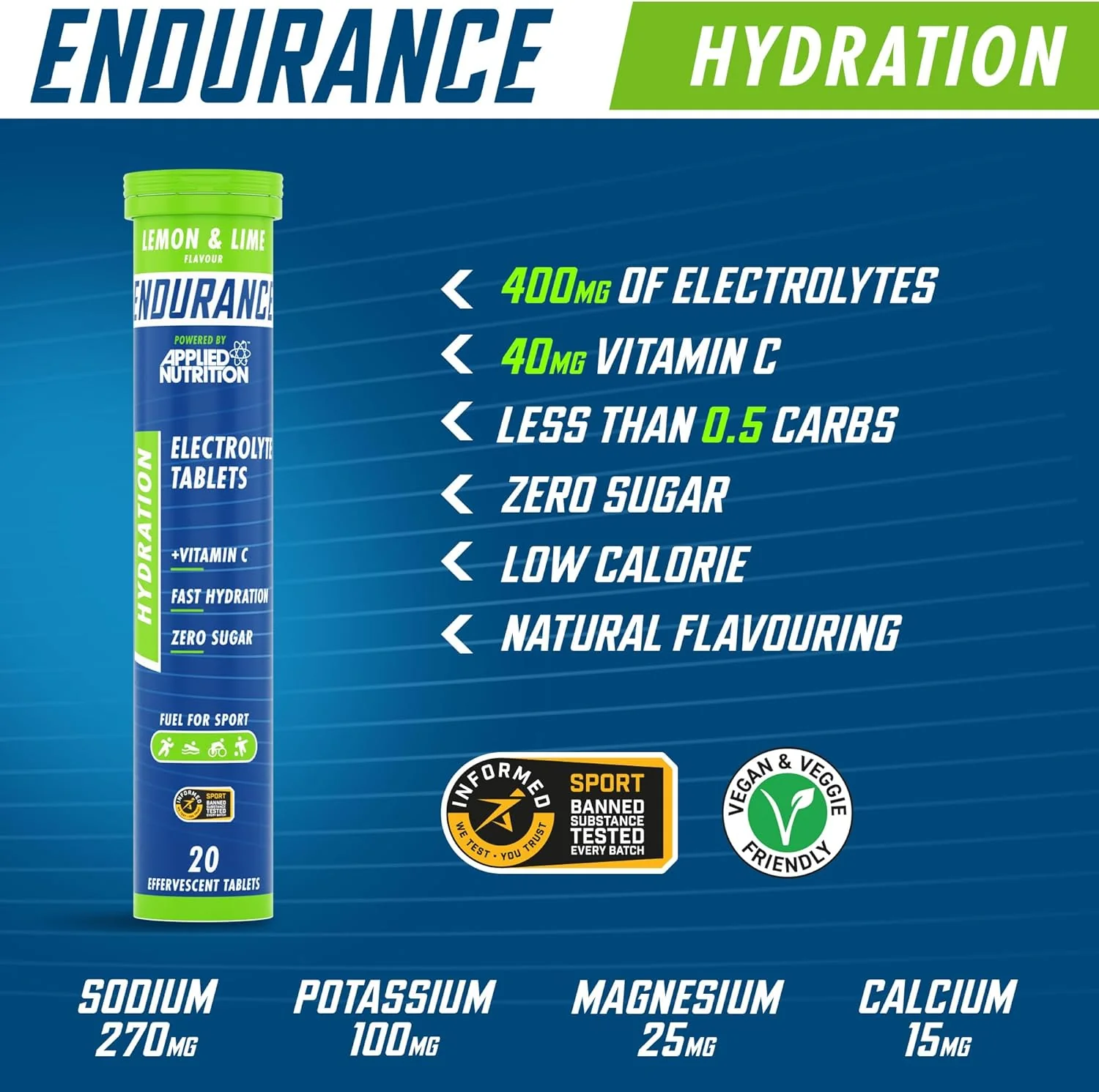 Applied Nutrition Endurance Hydration Electrolyte Tablets Lemon & Lime 20 x 4g tablets - Image 2