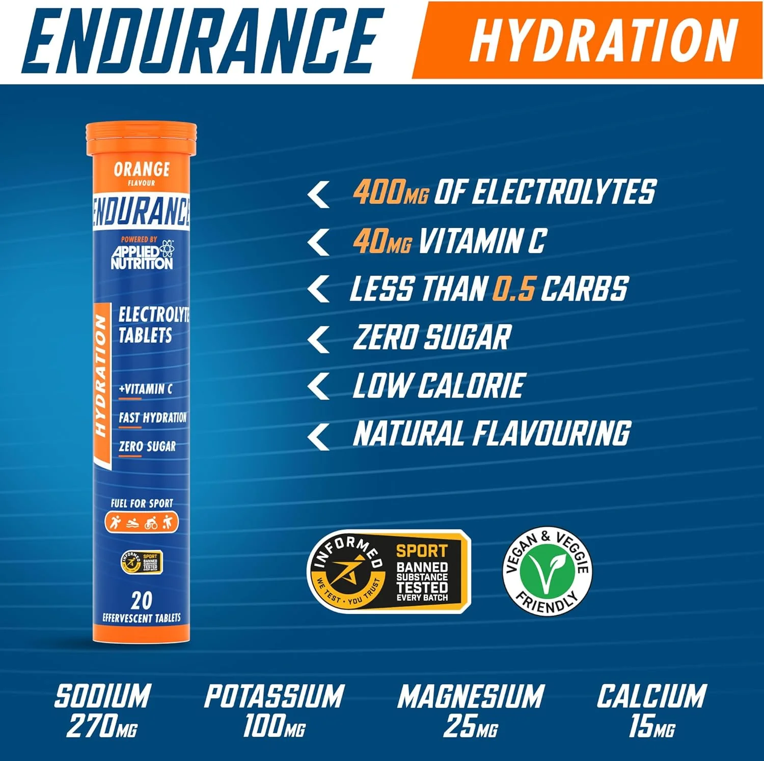 Applied Nutrition Endurance Hydration Electrolyte Tablets Orange  20 x 4g tablets - Image 2