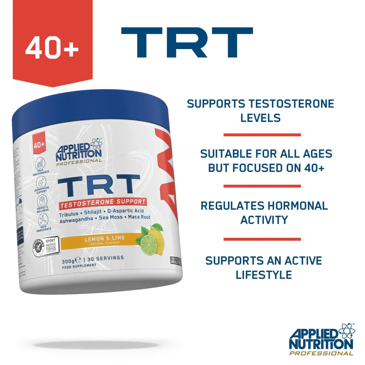 Applied Nutrition TRT Tesosterone Support Powder Lemon & Lime Flavour 300g - Image 2