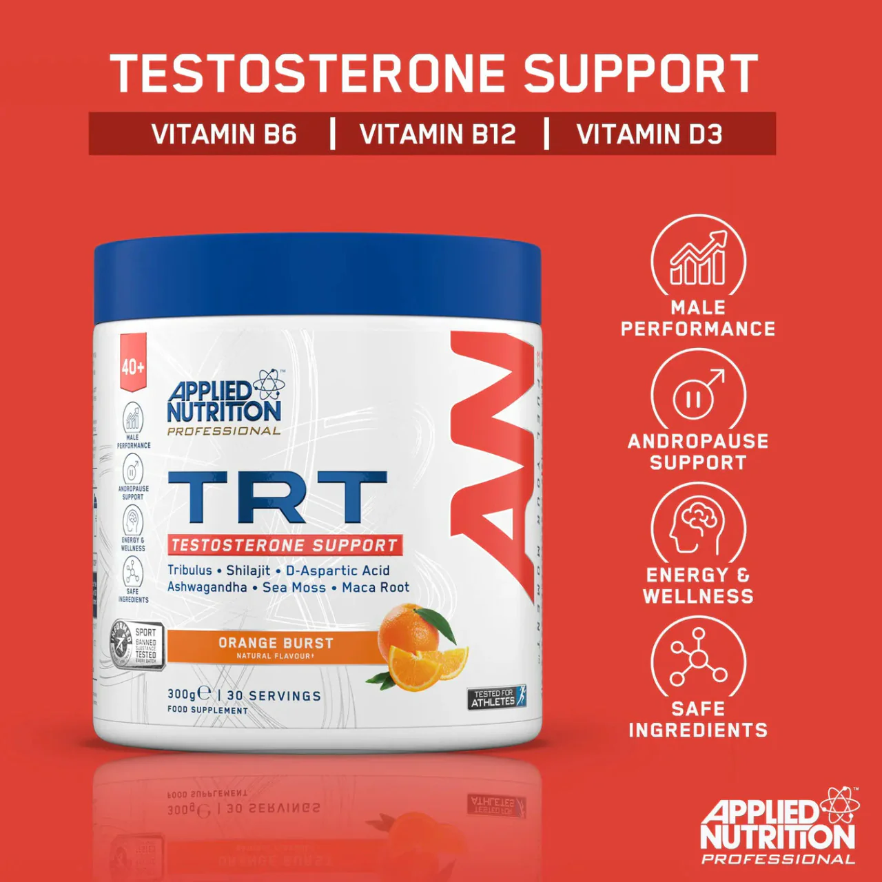 Applied Nutrition TRT Tesosterone Support Powder Orange Burst Flavour 300g - Image 3
