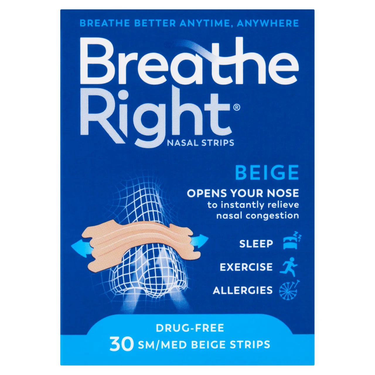 Breathe Right Congestion Relief Nasal Strips Beige Small/Medium 30 Strips