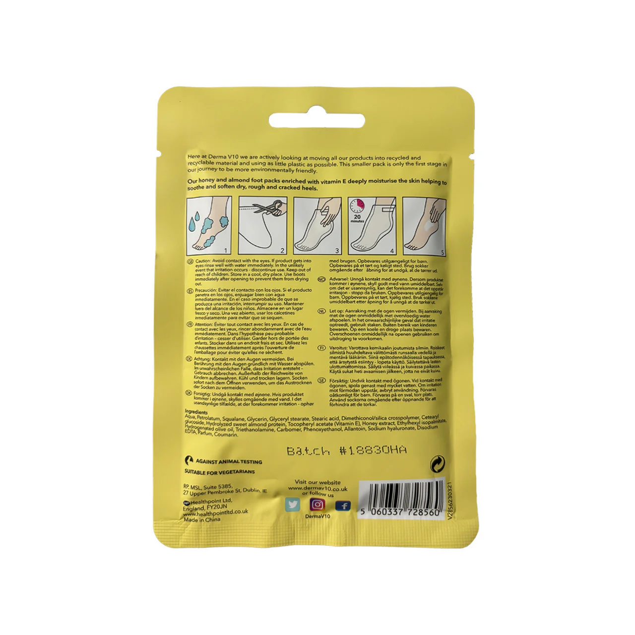 DermaV10 Deep Moisturising Foot Packs Honey & Almond 1 Pair - Image 2