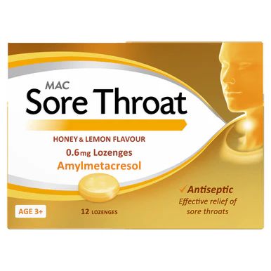 Mac Sore Throat Honey and Lemon Flavour 12 Lozenges