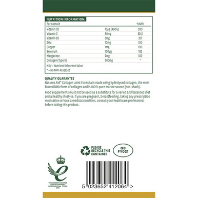 Natures Aid Collagen Joint Formula with Vitamin D3 & Zinc, plus Copper, Manganese & Vitamin C 60 VCaps - Image 3
