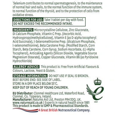 Natures Aid Selenium 200ug (with Zinc and vitamins A, C & E) 90 Tablets - Image 2