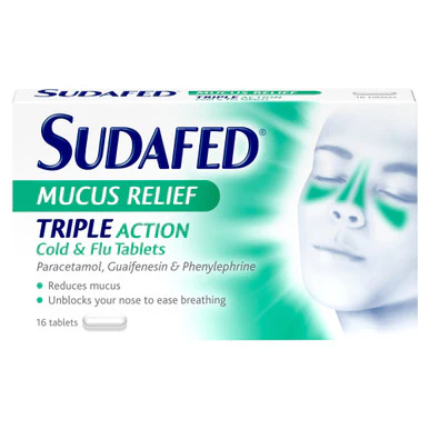 Sudafed Mucus Relief Triple Action Cold and Flu 16 Tablets