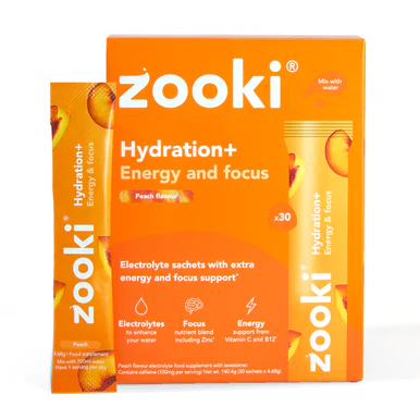 Zooki Hydration+ Energy & Focus Peach Flavour 4.7g 30 Sachets